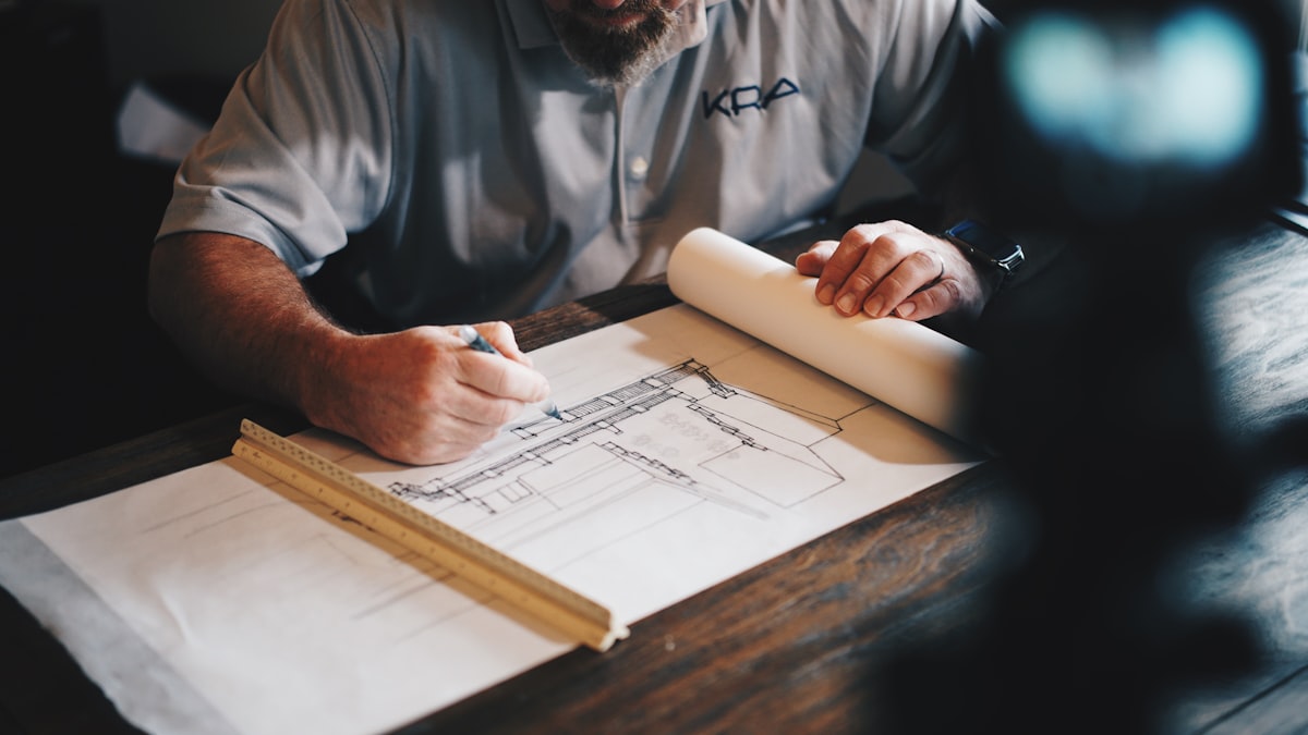 A man in a work polo leaning over a dark wooden desk, drawing on an architectural elevation with a fine pen, a folding rule laid across the sheet and a roll of paper held flat under his other hand.